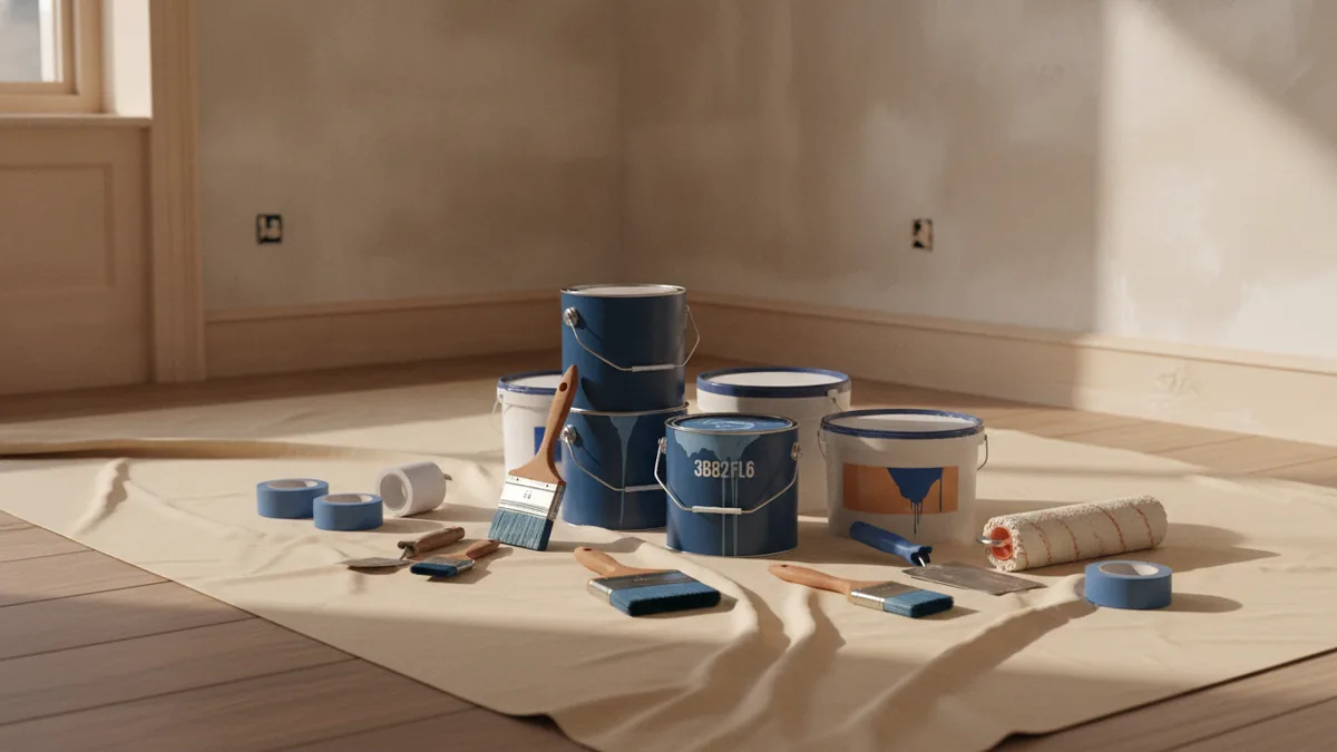 Paint supplies and surface prep tools arranged beside a room ready for interior work