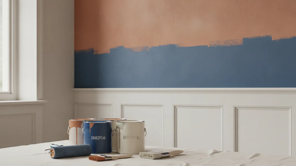 Several paint cans and rollers set near freshly painted walls in a clean home