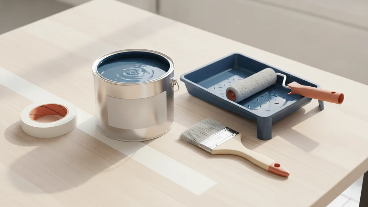 Supplies and pricing context Paint roller, tray, and brushes staged for an interior painting project.