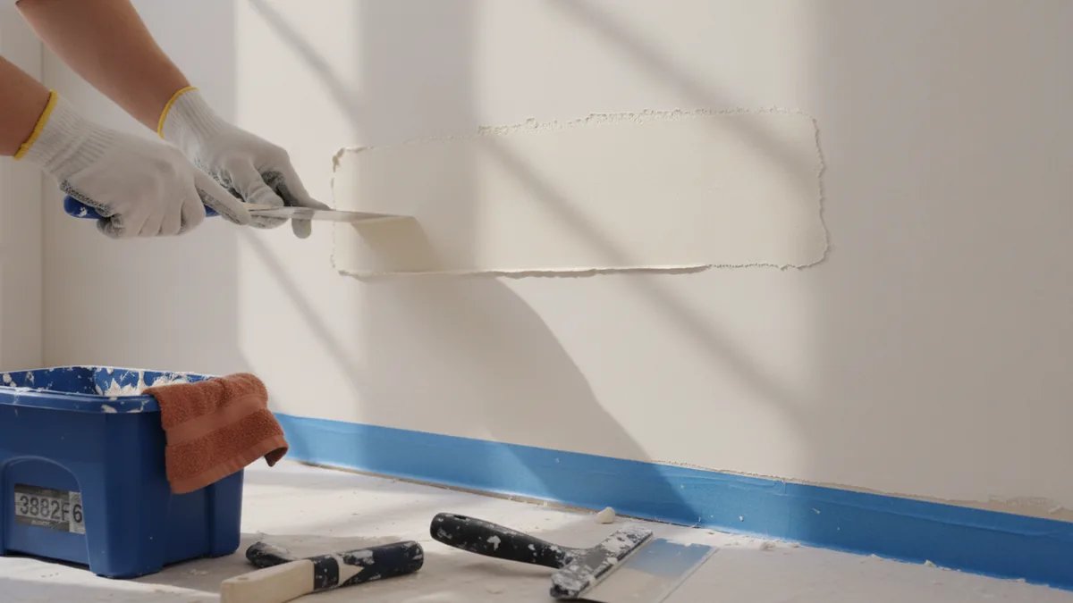 Drywall patching in progress with tools for clean interior prep.