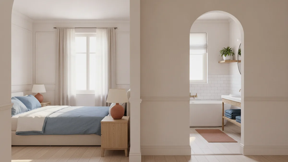 Neutral painted bedroom and bathroom illustrating room-to-room painting scopes.