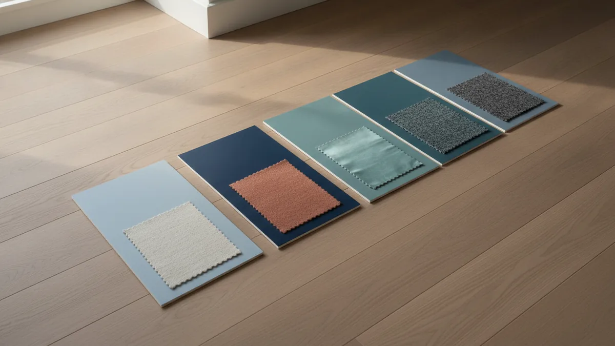 Blue paint samples showing powder, dusty, navy, teal, and blue-gray shades