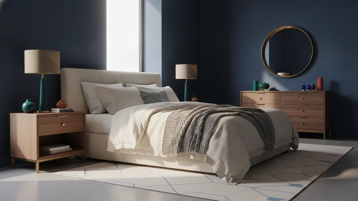 Blue bedroom styled with cream linens, walnut furniture, brass, and jewel-tone accents