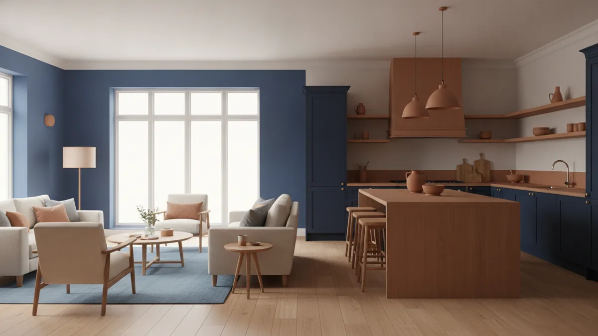 Blue living room and colorful kitchen interiors showing balanced color pairings