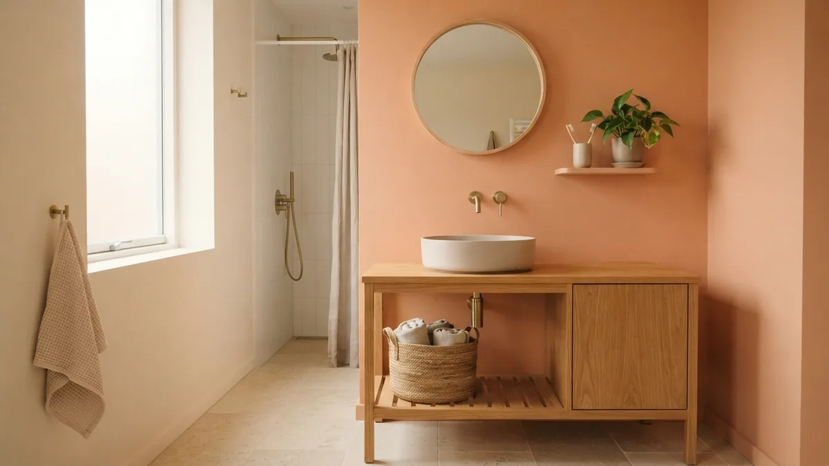 A warm matte bathroom wall Matte peach bathroom wall with pale oak storage, ceramic sink, and warm natural light