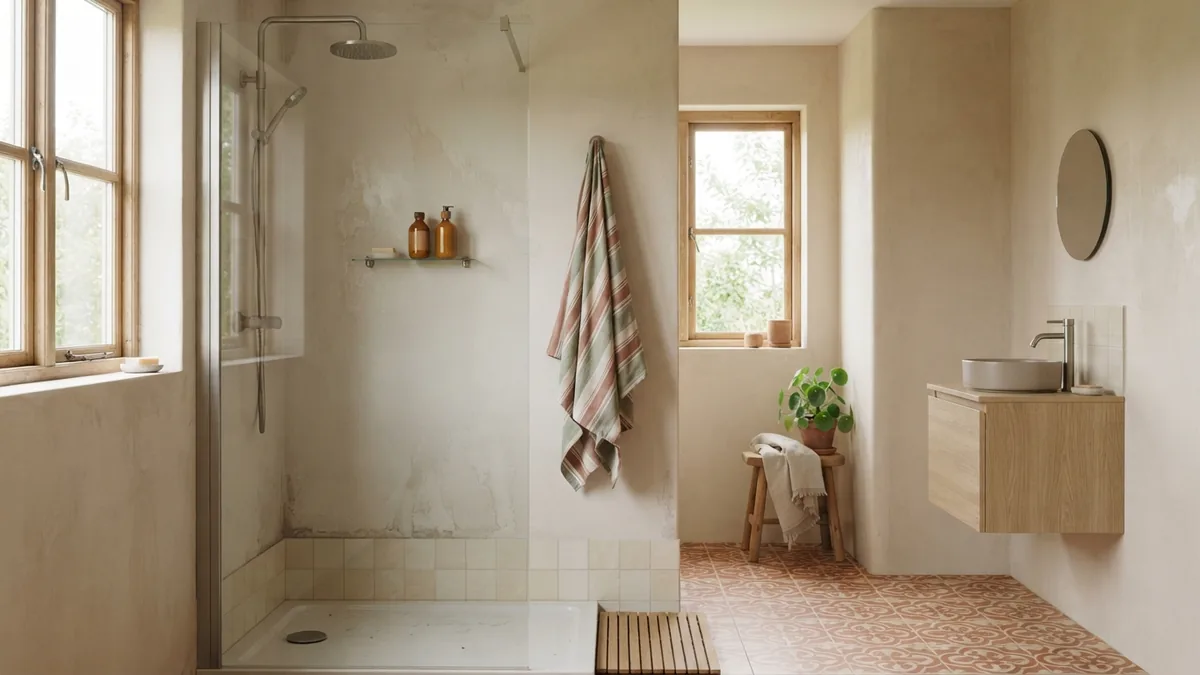 Bathroom wall beside a shower showing subtle moisture marks in soft natural daylight