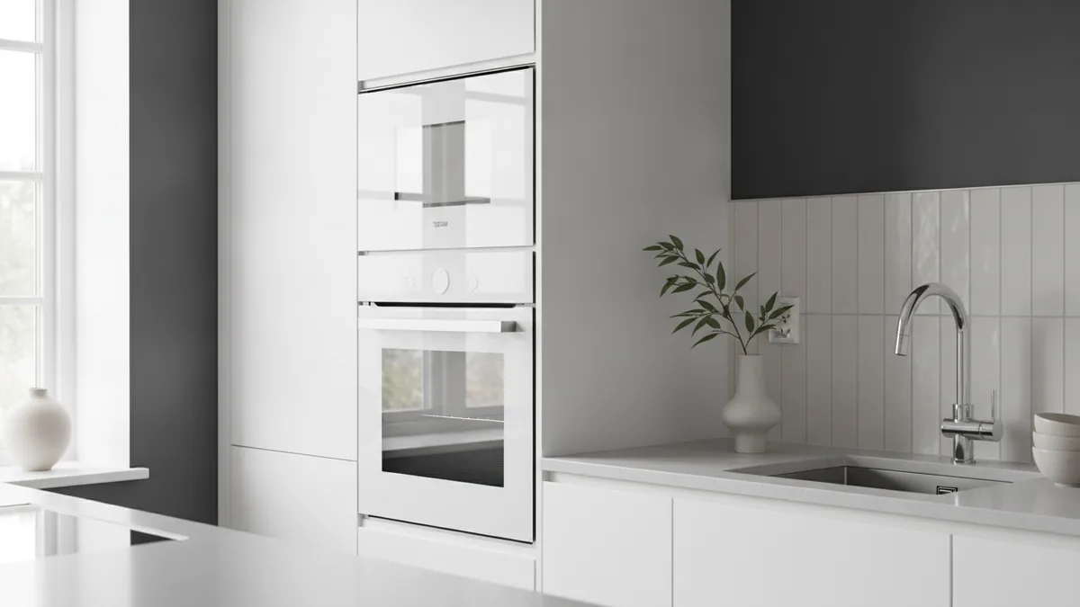 Airy white glass look shows brightness too! White glass and glossy appliance look in a bright kitchen