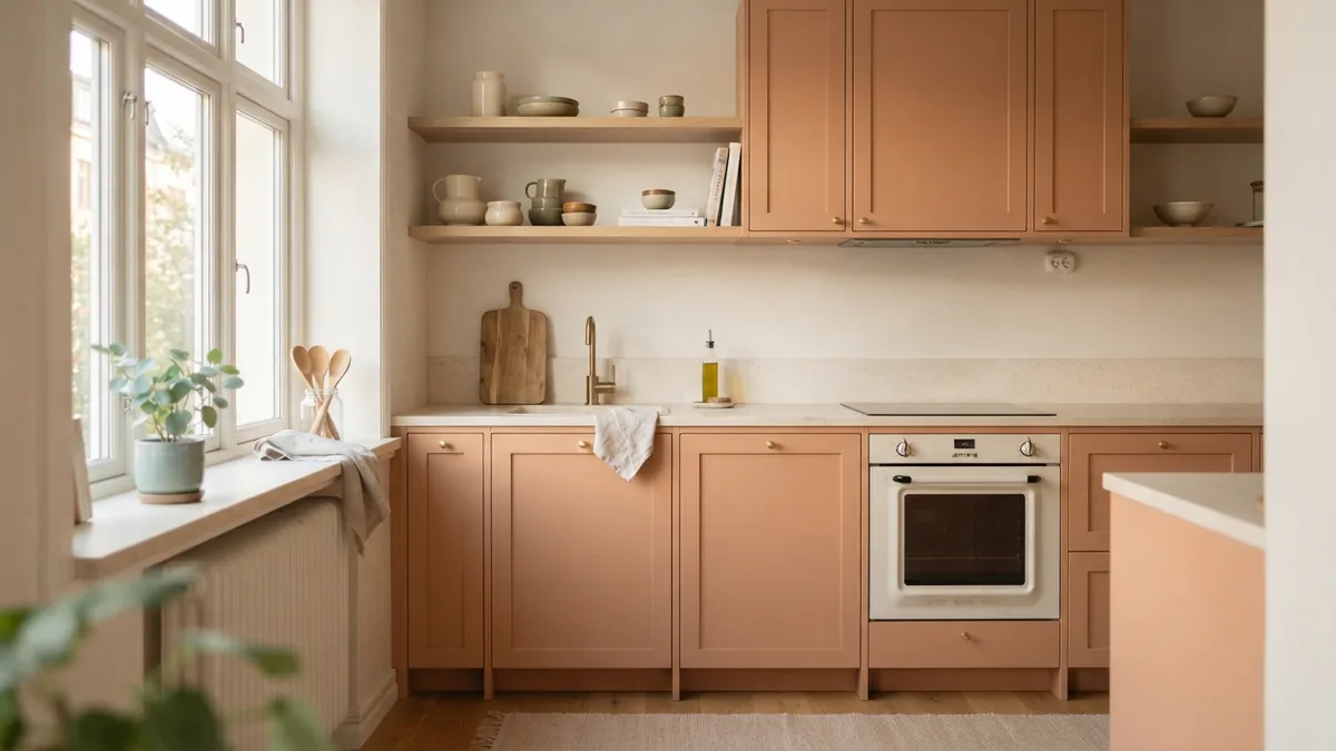 Warm neutral kitchen cabinets with pale oak details and a muted green accent