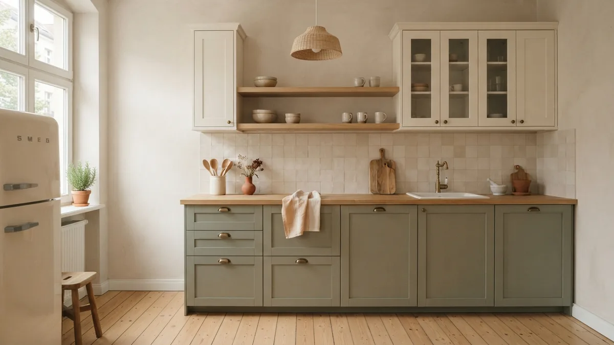 Two-tone kitchen with cream upper cabinets, sage lower cabinets, and pale wood accents