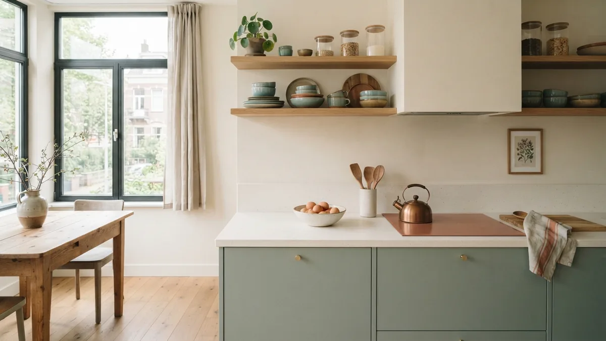 Muted sage kitchen cabinets with oak shelving and warm natural light