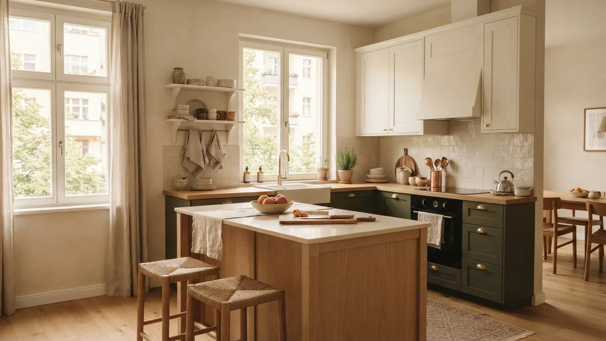 Two-tone kitchen with warm white uppers and deep olive lower cabinets