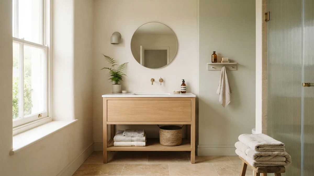 Off-white bathroom walls and pale oak vanity in a calm European home