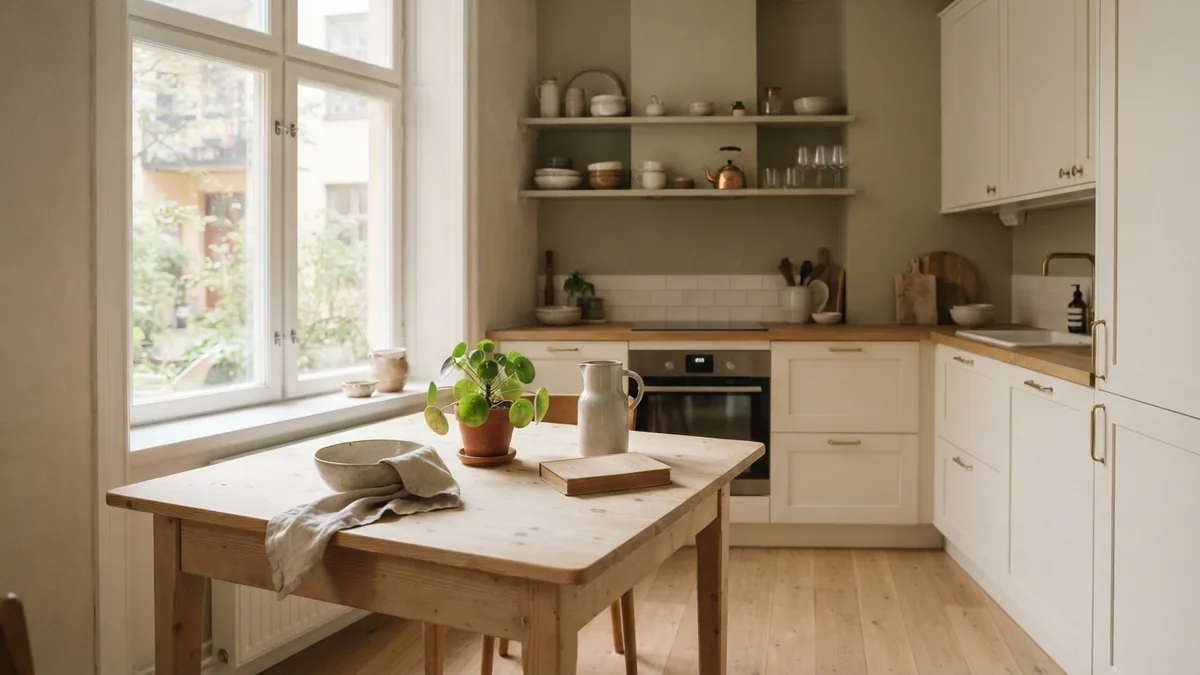 Painted cabinets and a pale wood table in a warm, tidy European kitchen