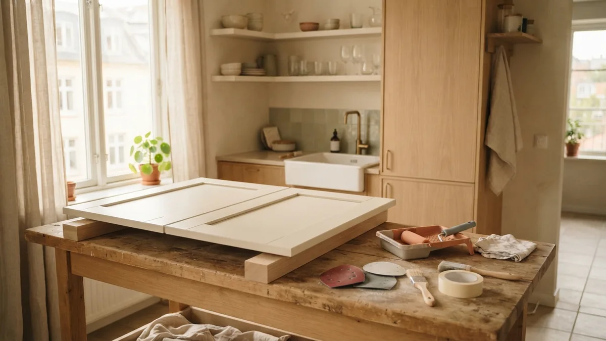 Detached cabinet doors prepared for sanding and primer in a tidy kitchen