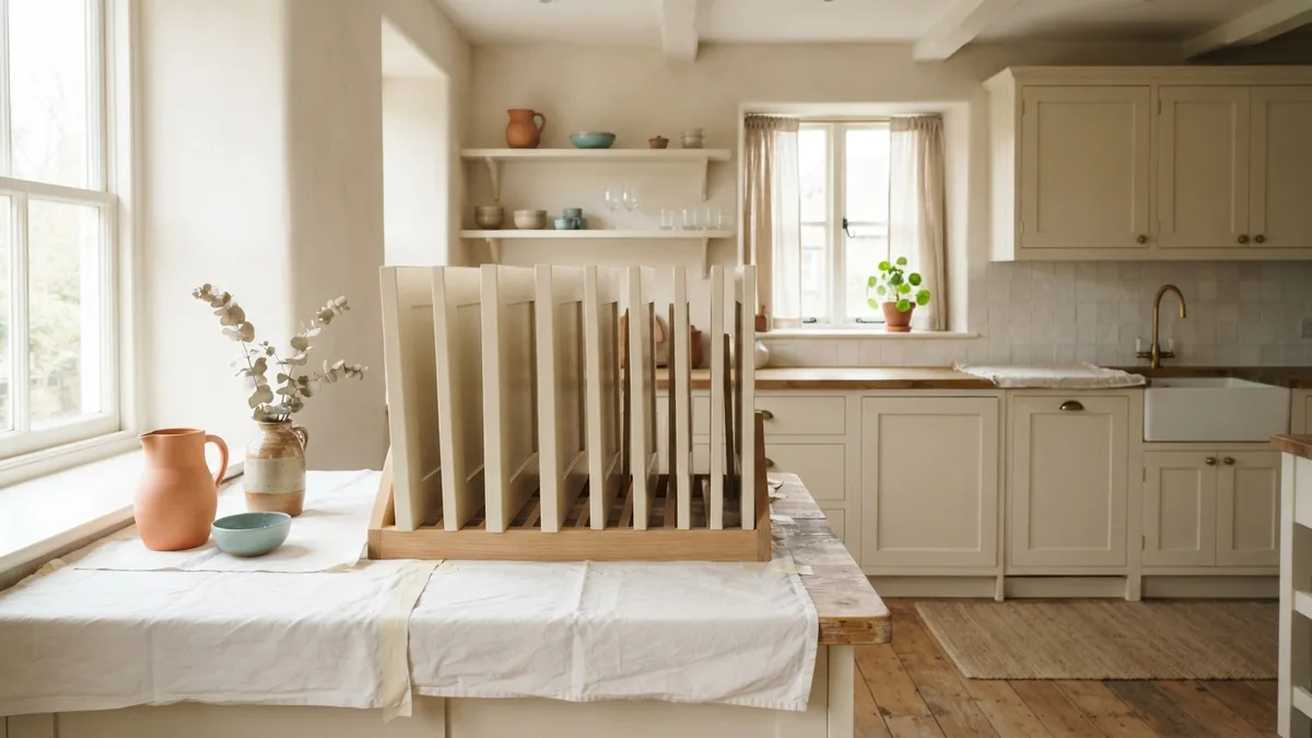 Evenly finished kitchen cabinet doors drying in a clean home workspace