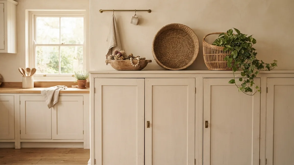 Farmhouse baskets and greenery Farmhouse kitchen cabinet tops decorated with woven baskets and leafy greenery