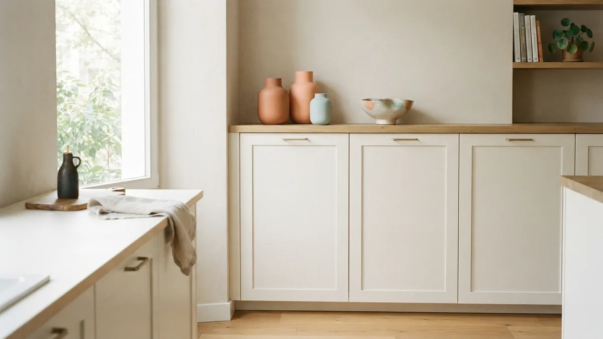 Simple modern cabinet decor Modern kitchen cabinet tops with matte vases and restrained sculptural decor