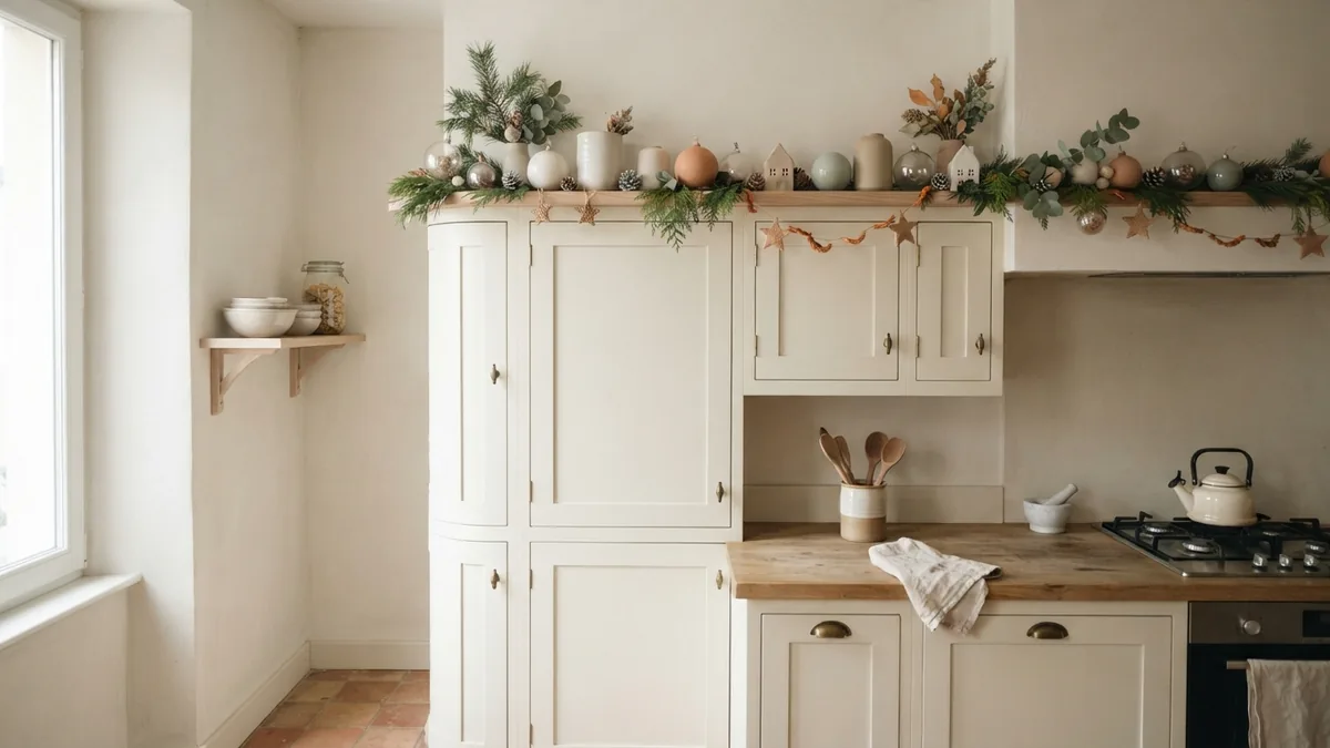 Seasonal cabinet styling Subtle seasonal greenery and muted ornaments styled above kitchen cabinets