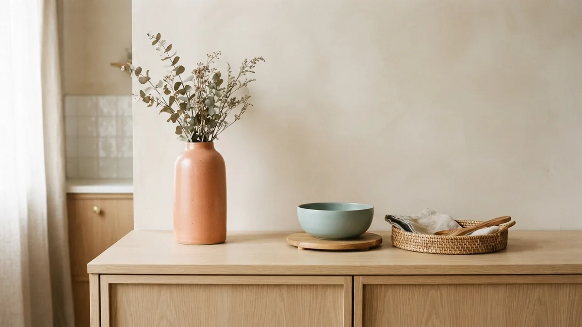 Layered kitchen cabinet decor with varied heights, ceramic pieces, and woven texture
