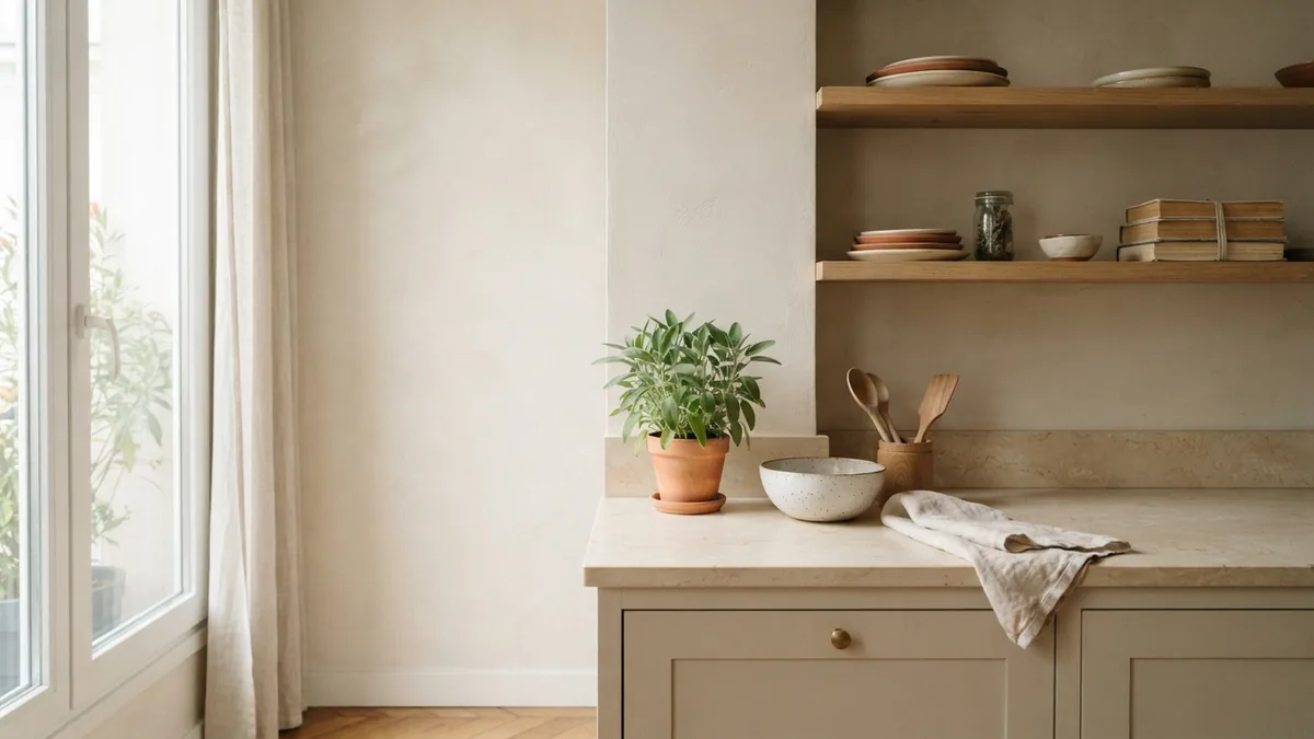 Warm white kitchen wall beside pale oak shelves, a stone counter, and a sage plant