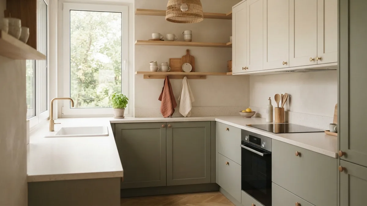 Cream and sage cupboard colour pairing Cream upper cupboards and sage lower cabinets in a bright European kitchen