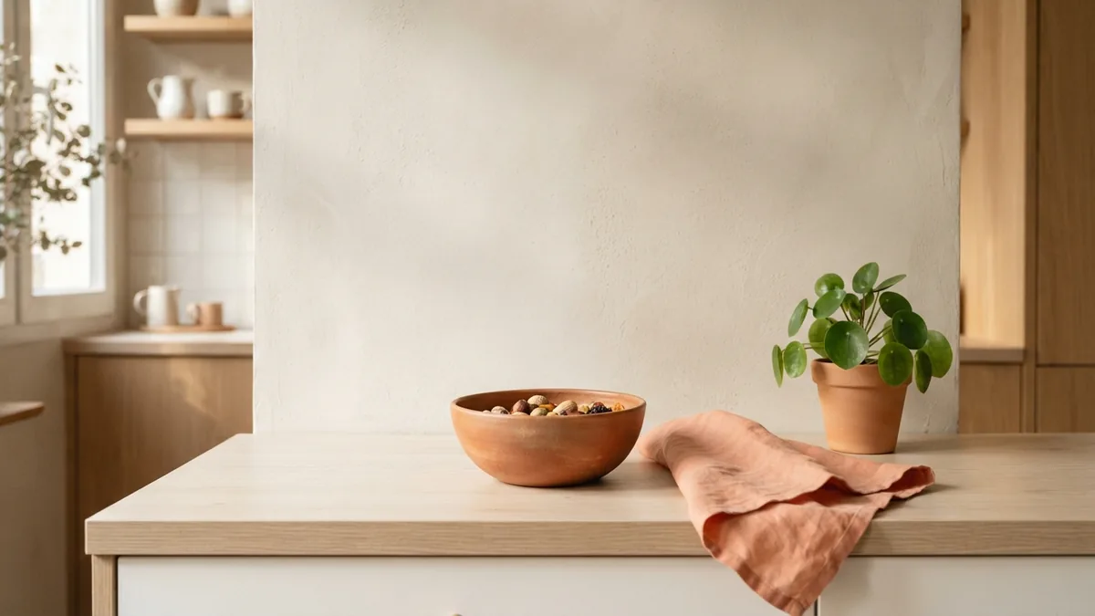 Muted accents on a warm kitchen counter Muted terracotta pottery and coral linen add gentle colour to a cream kitchen