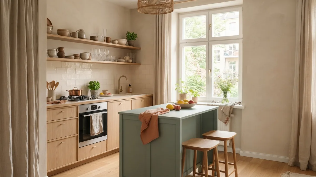 Compact kitchen with pale beige walls, light wood cabinets, and a sage island