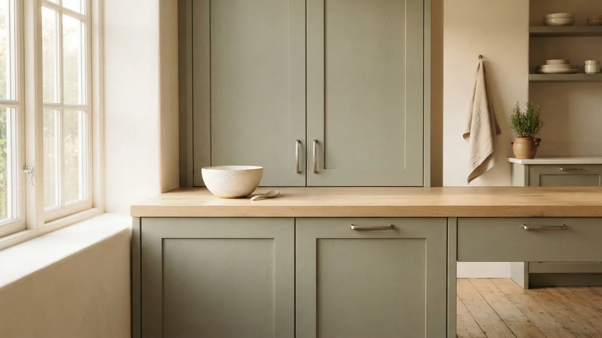Finished kitchen cabinet update Freshly finished kitchen cabinets in muted sage with warm natural light