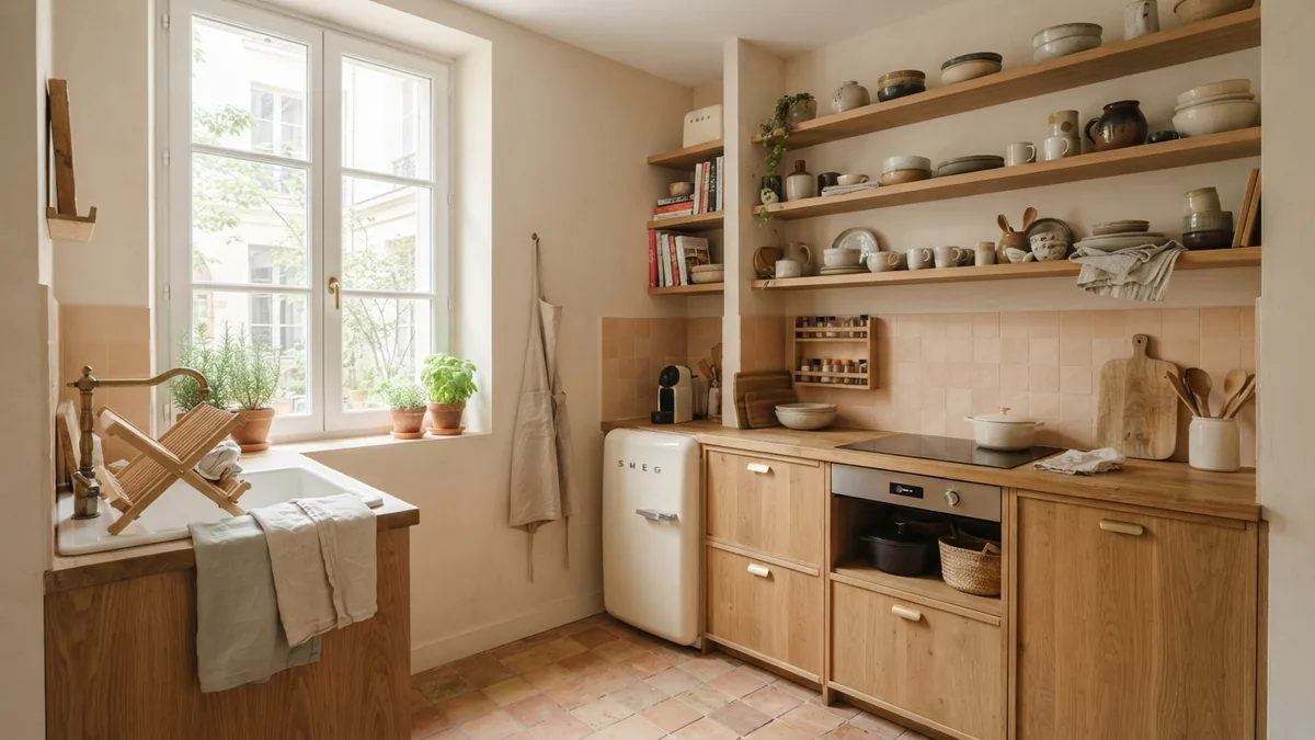 Practical kitchen layout details Compact European kitchen layout with natural wood, open shelves, and soft daylight