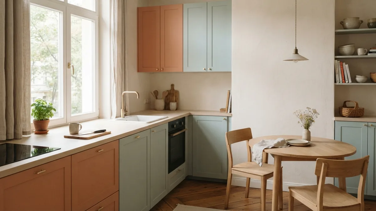 Compact European kitchen with simple cabinets and a light wood worktop