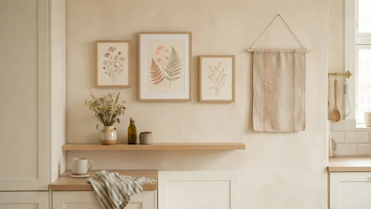 Art and soft texture for a kitchen wall Framed botanical prints and a linen hanging arranged on a warm kitchen wall