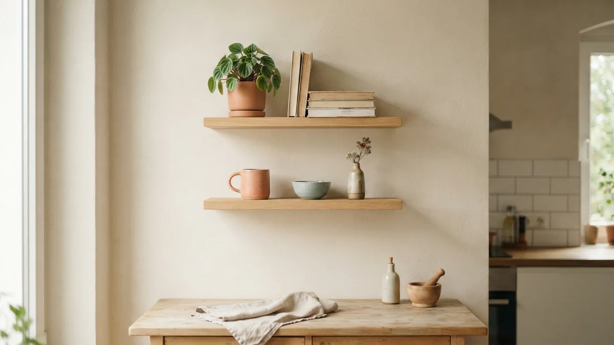 Light oak kitchen shelves displaying ceramics, cookbooks, and a small plant