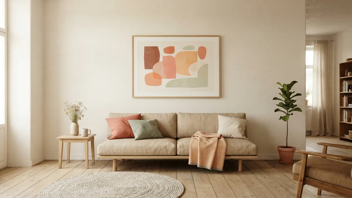 Broad cream living room wall with artwork scaled to a low sofa and clear surrounding space