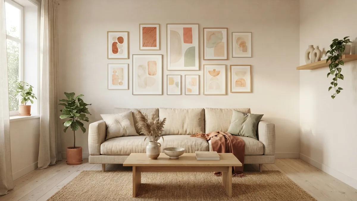 Build a balanced gallery wall Wordless gallery wall arranged with balanced frames above a neutral Scandinavian sofa