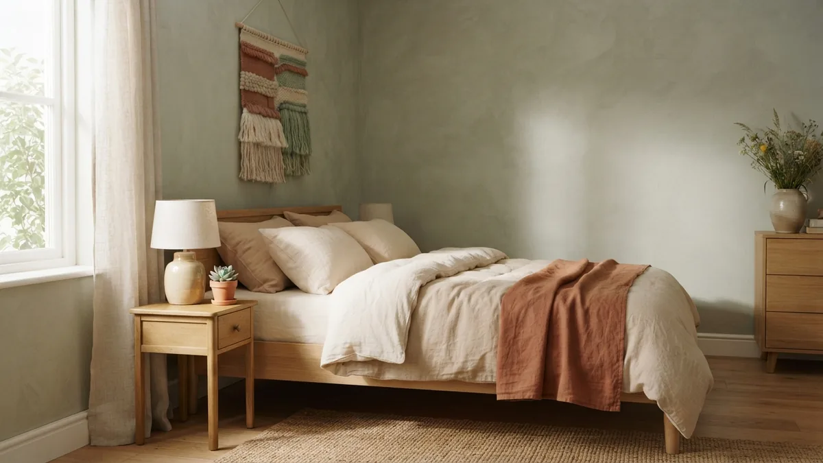 Bedroom with a muted sage wall, linen bedding, pale oak, and a woven textile hanging