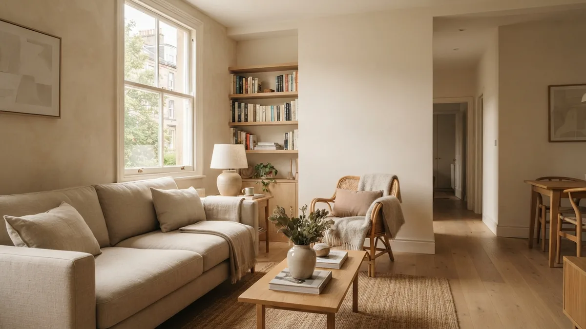 A living room with clear functional zones Living room seating and reading zones divided by a sofa while keeping an open walkway