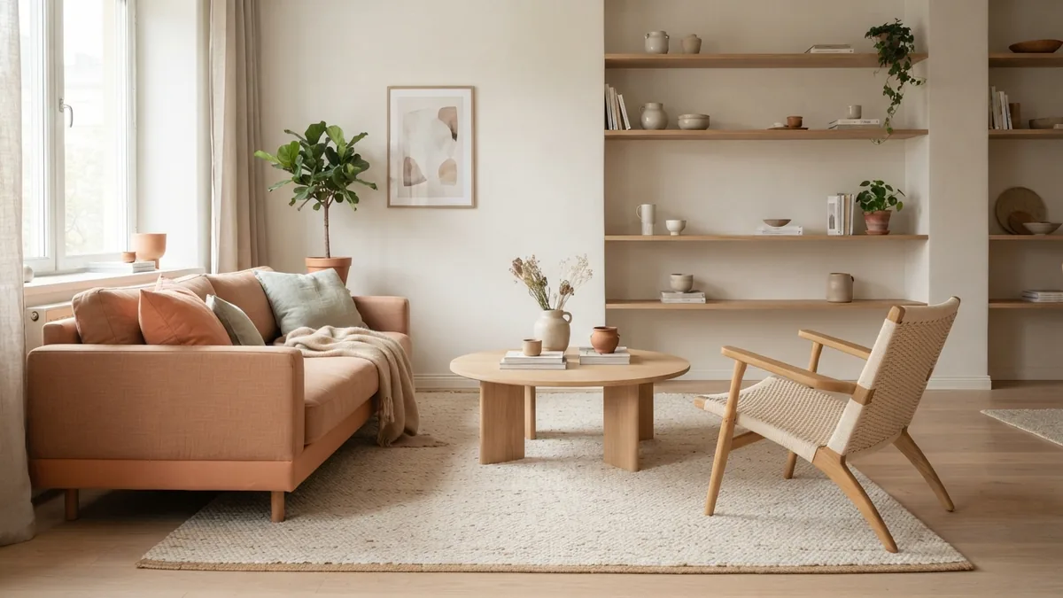 Well-scaled sofa and chairs arranged together on a large rug in a bright living room