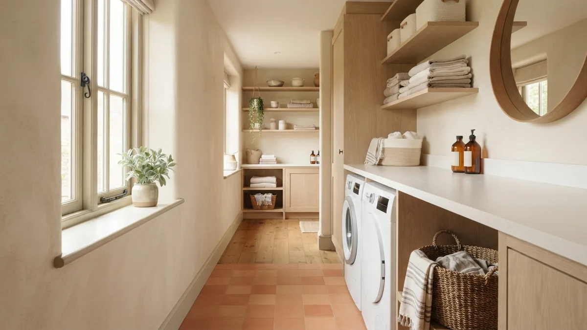 Efficient laundry room layout with open flow Narrow laundry room with side-by-side machines, quartz counter, and a clear walkway