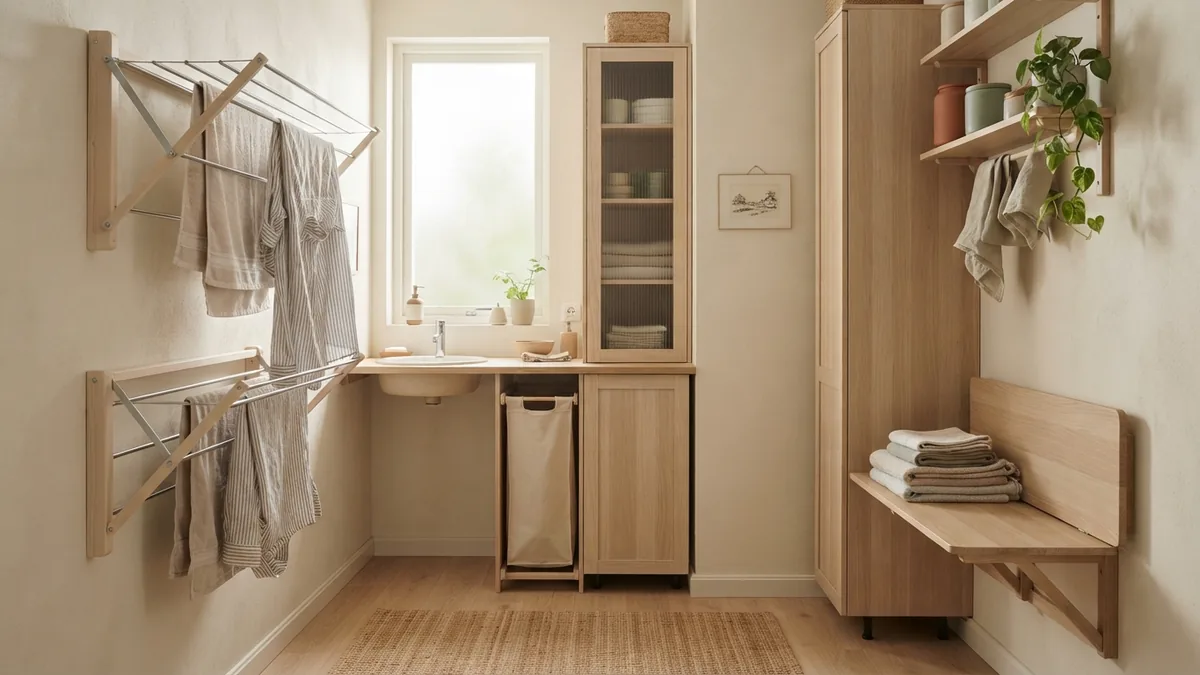 Space-saving ideas for a very small laundry room Very small laundry room with tall cabinets, fold-down bench, and wall drying rack
