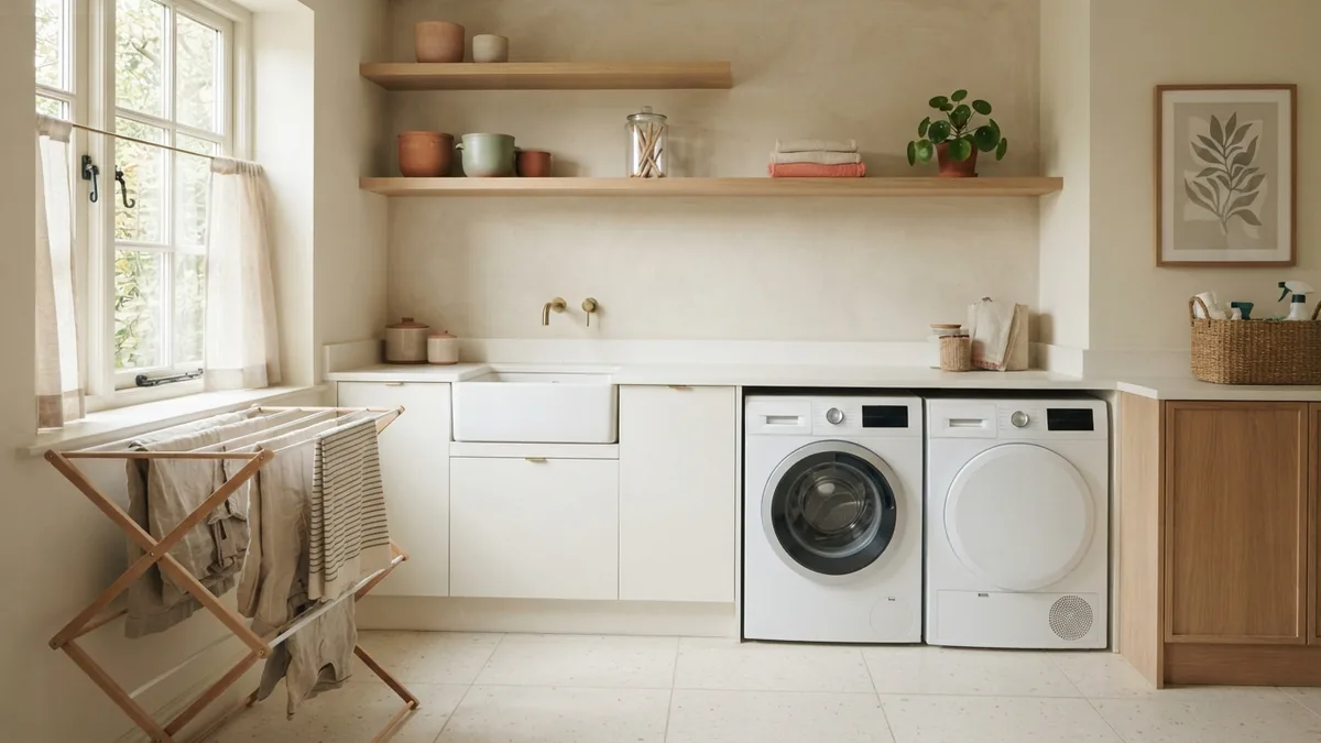 Durable laundry room finishes in warm neutral tones Laundry room with porcelain tiles, quartz worktop, oak shelves, and durable calm finishes