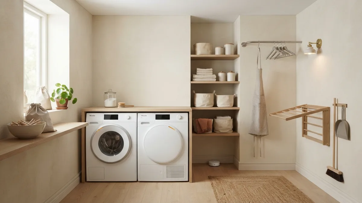 Tidy modern laundry room with care tools, task lighting, and discreet safety features