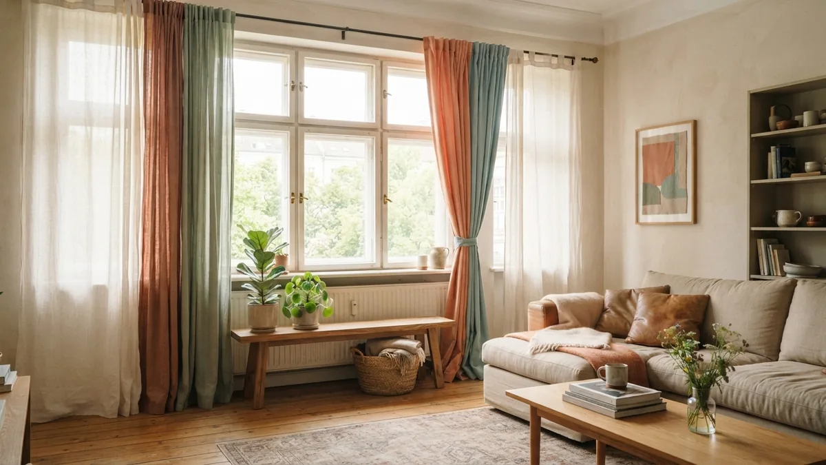 Comparing curtain fabrics in daylight Velvet, linen and cotton curtain fabrics beside a bright living room window
