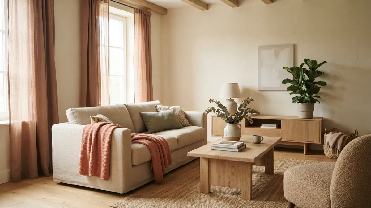 Muted terracotta curtains paired with cream walls and pale oak furniture