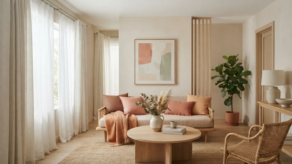 Layered curtains on a double rod Layered sheer and opaque curtains on a double rod in a Japandi living room