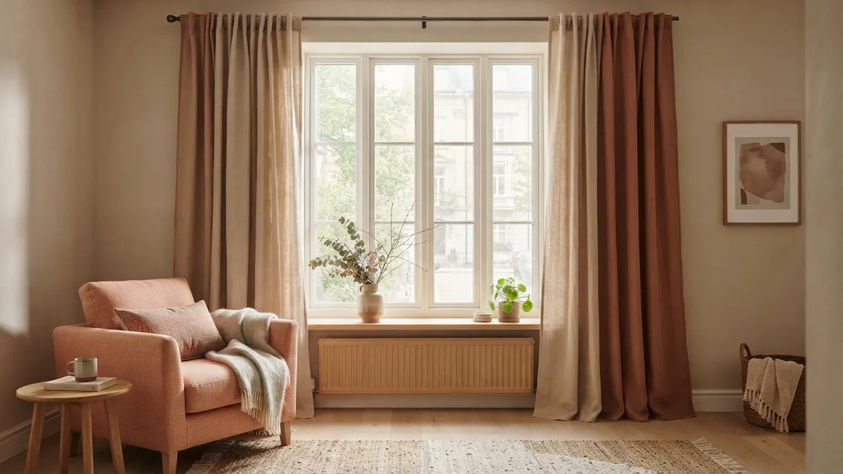 Well-fitted curtains around a living room window Floor-length curtains hung high and wide around a living room window
