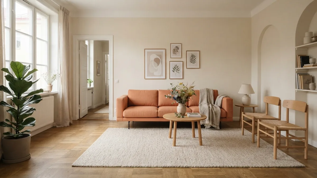 Rectangular living room with floating sofa, defined seating zone, and clear walking path