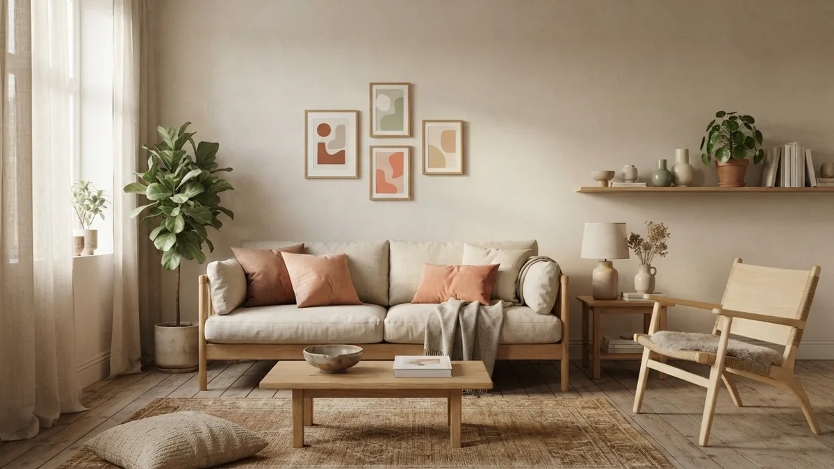 Personal details in a calm living room European living room with linen curtains, simple wall art, plants, and ceramic decor