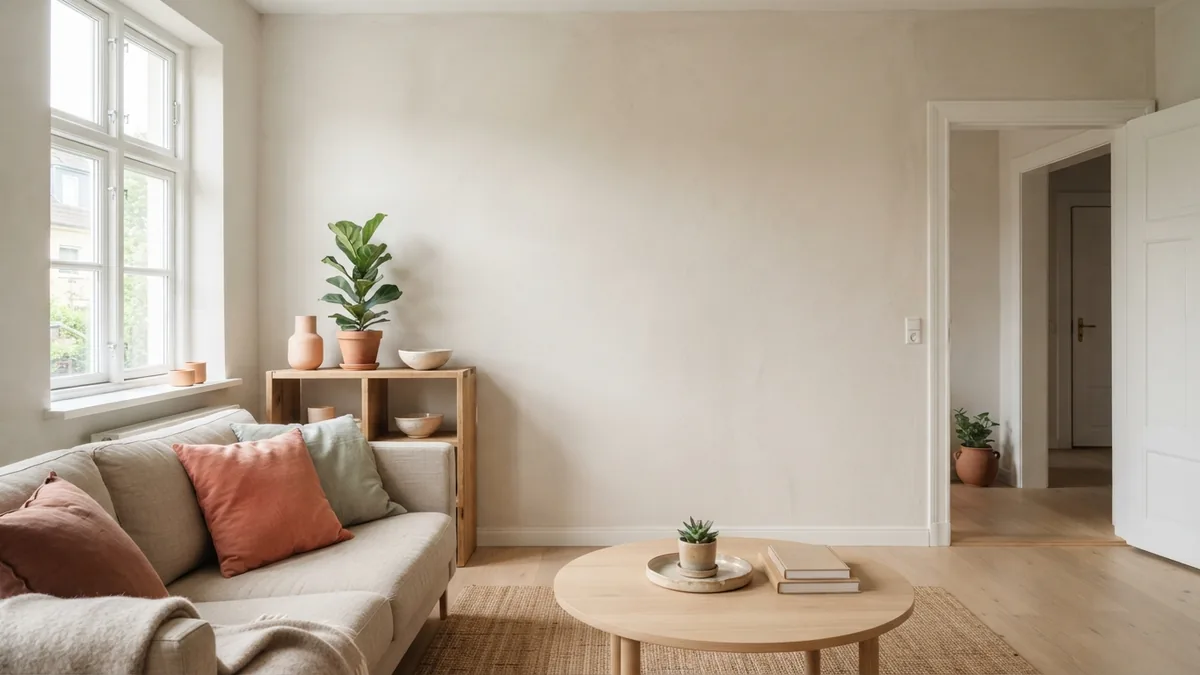 Living room wall layout and openings Pale living room walls, window, and doorway in a tidy European home