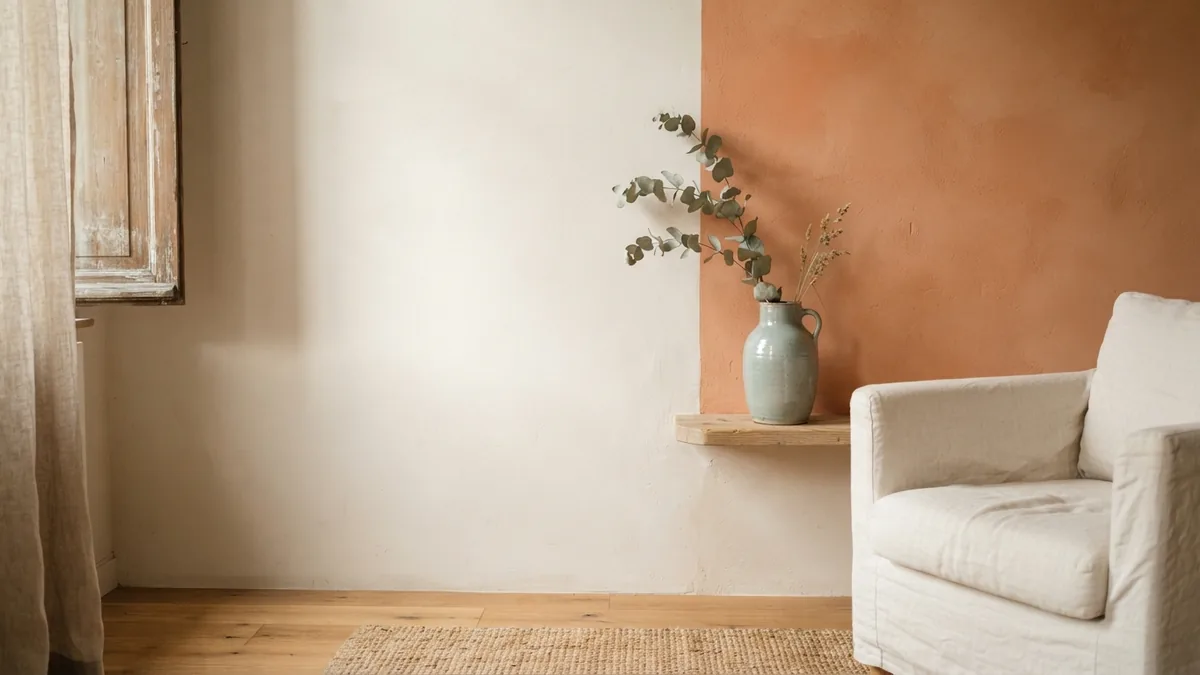 Smooth and subtly textured plaster wall surfaces in a warm living room