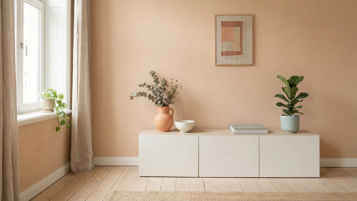 Freshly painted beige living room wall with pale oak flooring